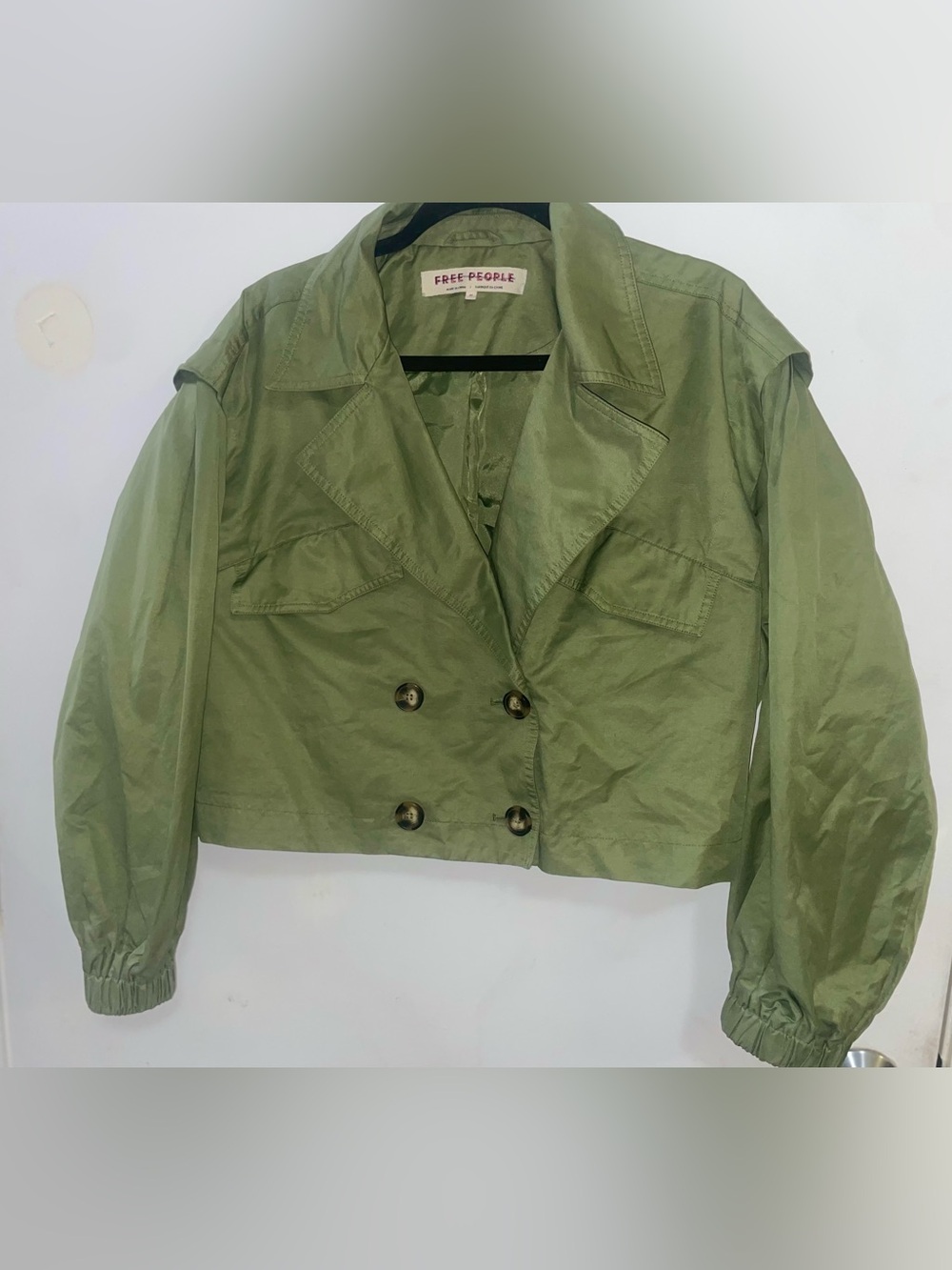 Free People Green Double-Breasted Cropped Trench Jacket